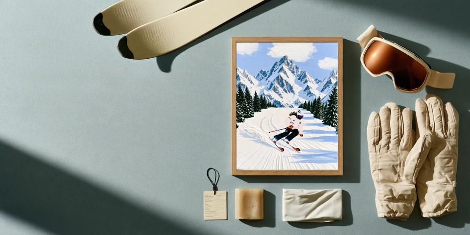 Ski Signature artwork presented with winter sports equipment