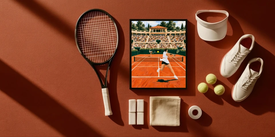 Tennis Signature artwork presented with tennis equipment